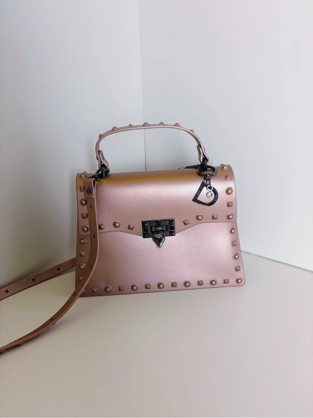 Studded Metallic Rose Rivet Crossbody Top Handel Faux Leather Unlined Handbag